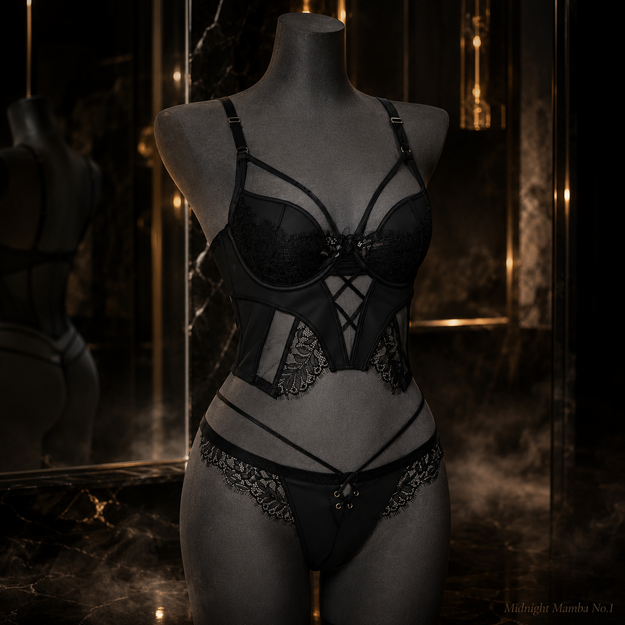 Midnight Mamba No.1 - PU Leather Bustier & Thong Set