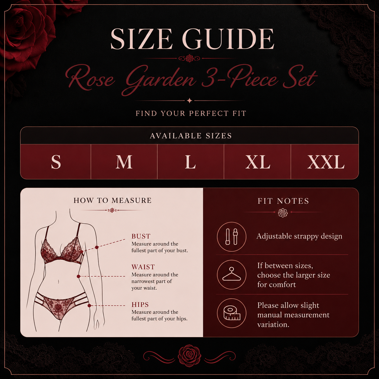 Rose Garden Embroidered Lace 3-Piece Lingerie Set